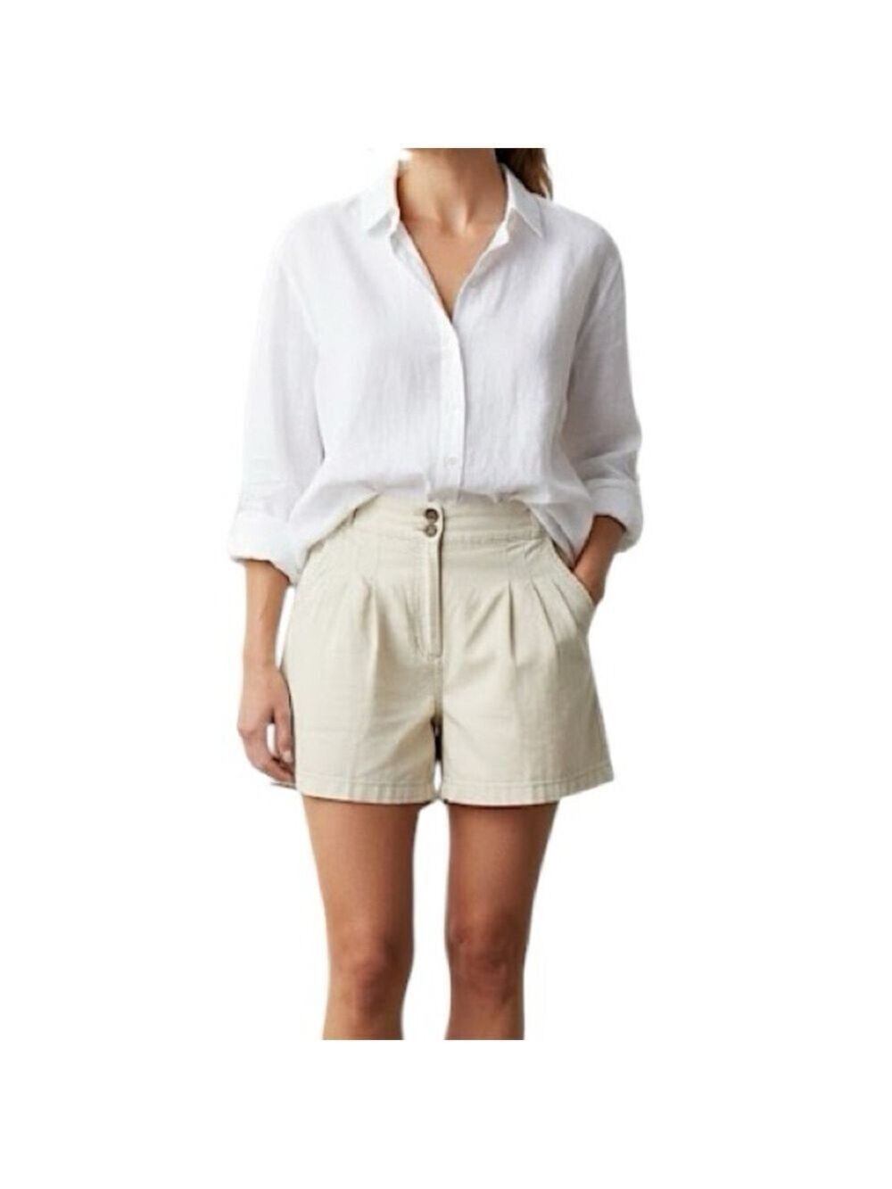 Pale yellow high rise cotton twill pleated tailored shorts 4
